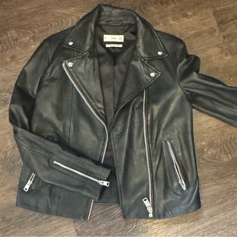 Mango Black Leather Jacket Asymmetrical Zipper